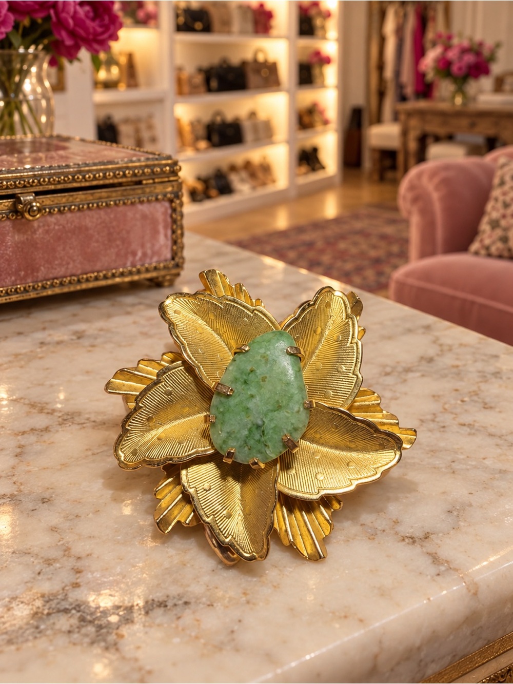 Vintage Gold-Tone Sculptural Leaf & Green Stone Statement Brooch